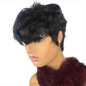 180% Density Natural Black Layered Pixie Cut Wavy Short Human Hair Wigs